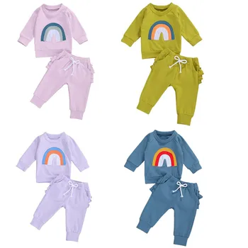 

2020 2PCS Baby Girl Shirt Pants Suit Rainbow Printed O-Neck Long Sleeve Lace-up Layered Ruffle Baby Clothes