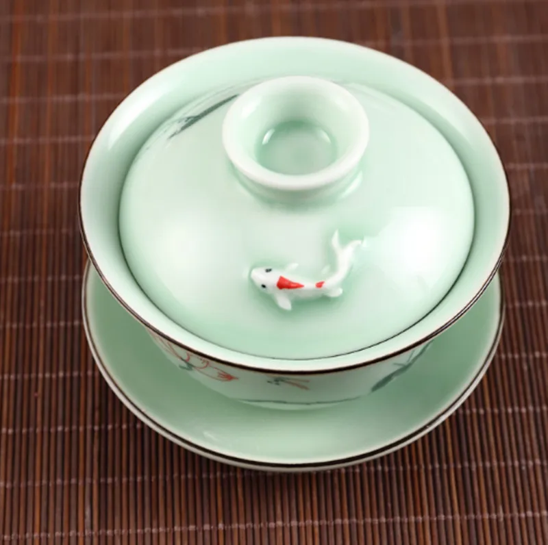 Тисненый Лотос рыба Gaiwan ручная роспись чайный тюрен Longquan узор крышка чайные чаши
