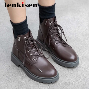 

Lenkisen 2020 new autumn shoes women leisure genuine leather cross-tied high fashion round toe thick med heels lace up boots L50