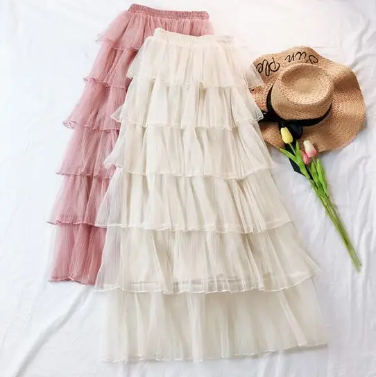 Womens Cake Layered Maxi Long Tulle Skirts Streetwear Tiered Mesh Ruffled Tutu Ankle Long Skirts Pink Gray Ivory new spring autumn toddler baby boys girls mesh solid ankle boots for children kids breathable leisure sport shoes sneakers