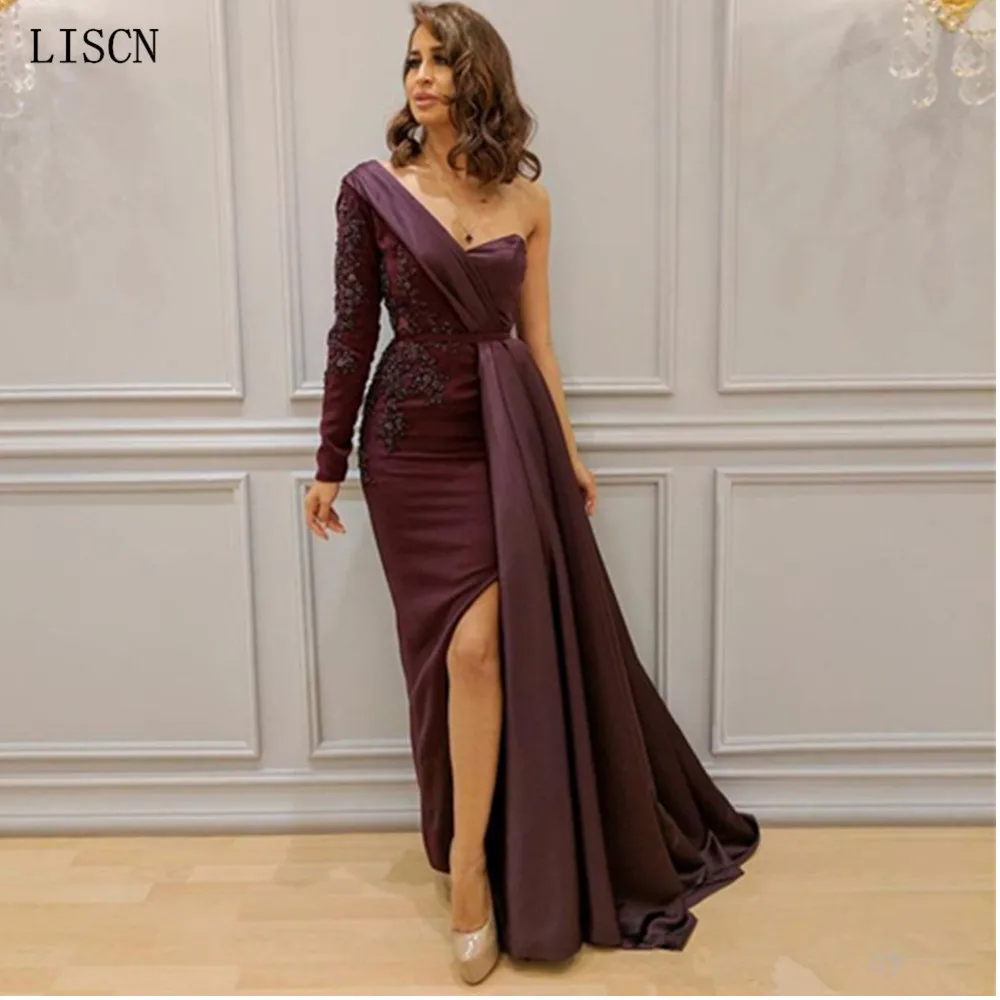 Одно плечо Русалка вечернее платье атласное; новейший дизайн; торжественное платье с боковыми ручной работы Аппликация по выбору заказчика; Robe de Soiree