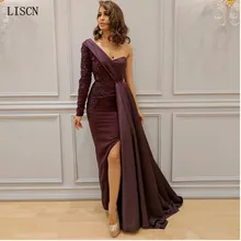 Одно плечо Русалка вечернее платье атласное; новейший дизайн; торжественное платье с боковыми ручной работы Аппликация по выбору заказчика; Robe de Soiree