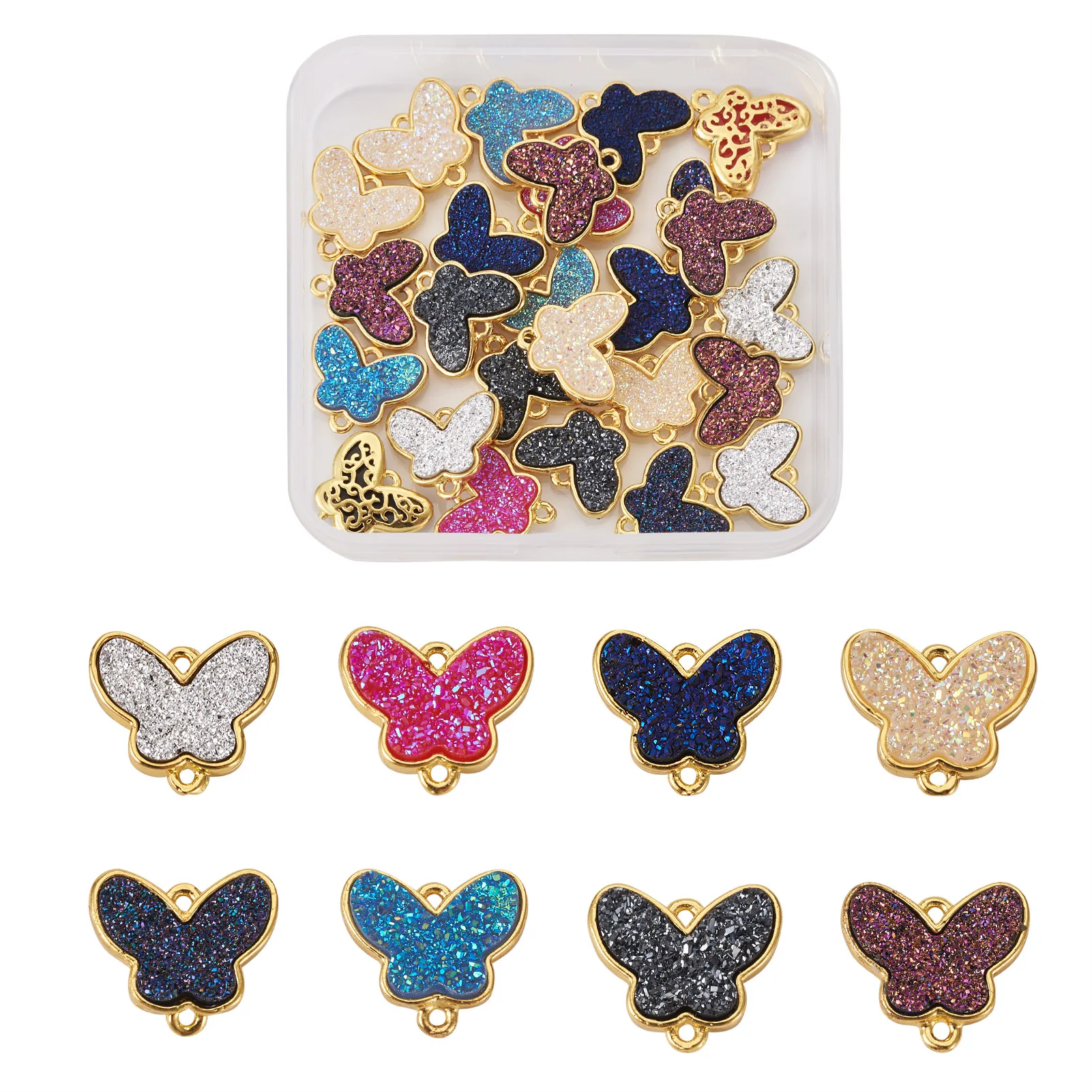 32Pcs Butterfly Brass Links Connectors Sequin Resin Charms Pendants Mix Color for DIY Necklace Earring Bracelet Jewelry Findings