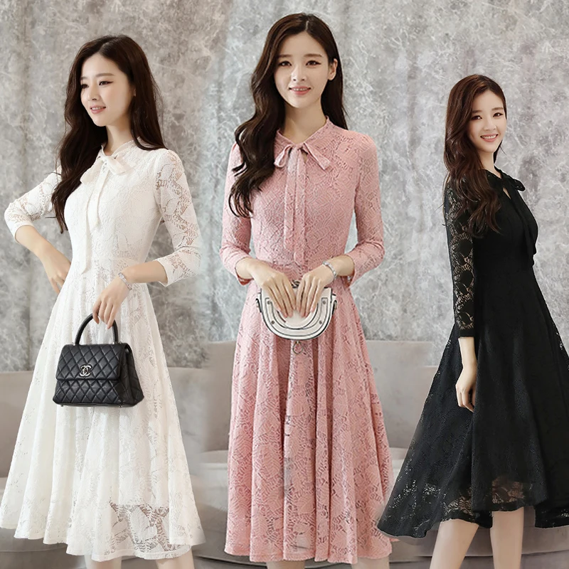 

Spring and autumn new style Lace dress Long-sleeved slim slim mid-length dress Bow lace temperament dress