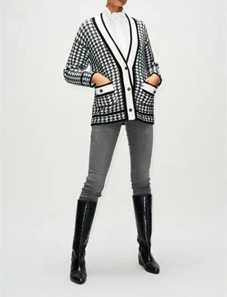 

Women Sweater 2019 Autumn and Winter New Wild Plaid V-neck Knit Cardigan Jacket