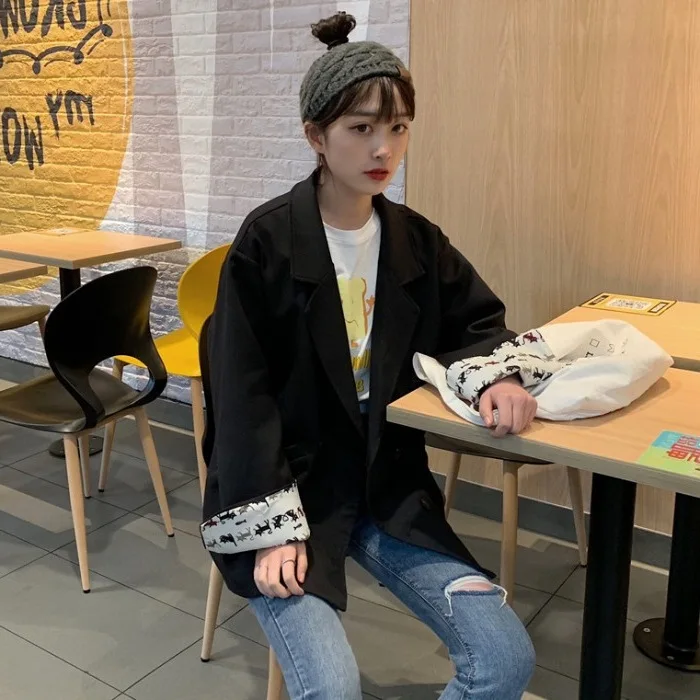 

Fox Mrs. Suit Female Autumn Elegant Loose-Fit Mid-length Sense of Design Non-mainstream Cartoon Printed Long Sleeve Suit outside