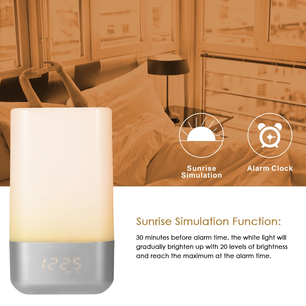 Simulation Digital Clock USB Rechargeable LED Wake Up Light Alarm Clock Sunrise Alarm Clock Colorful Night Light 18650 Battery