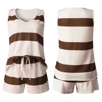

Women's Deep V-Neck Vest & Tether Striped Shorts Suit Coffee