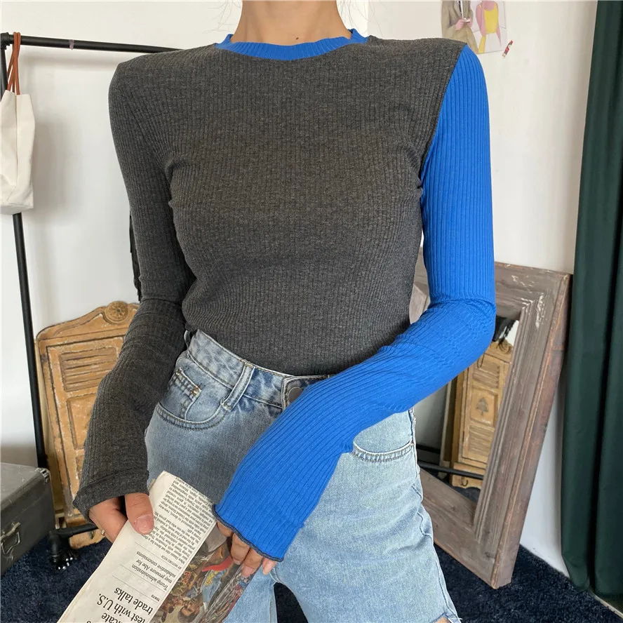 Синий 3colors autumn korean style knitted tops color patchwork slim long Sleeve t-shirt Womens Casual Tees shirt femme(R99931 - Цвет: Синий