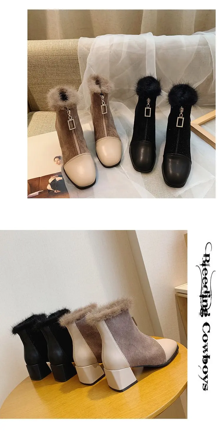 Ботильоны; женская обувь; женские ботинки; модные полусапожки на высоком каблуке с квадратным носком; Новинка года; зимние теплые ботинки на кроличьем меху; X370