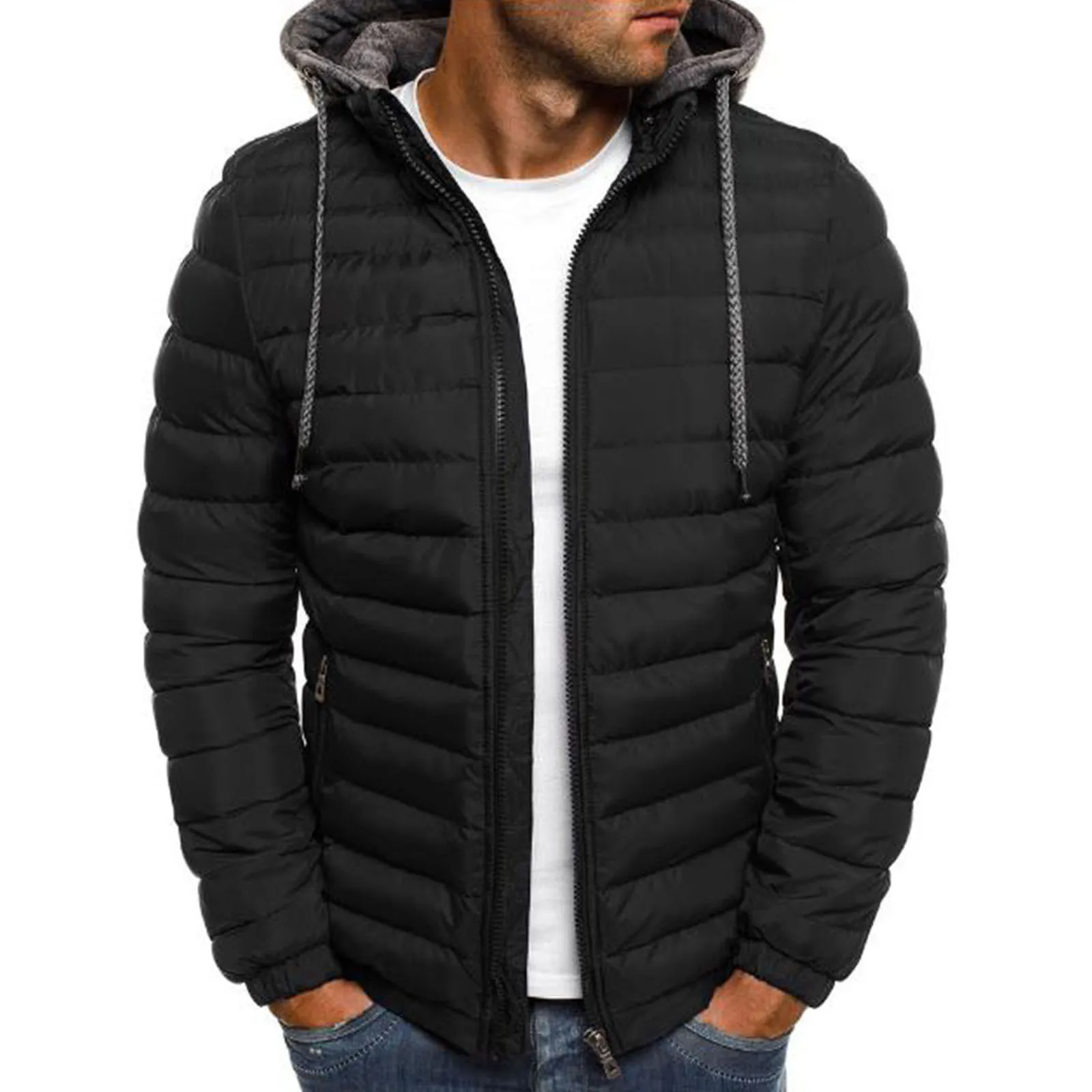 

5 Colors Men Winter Down Jacket Parkas Male Fashion Solid Color Hooded Long Sleeves Zip-Up Outer Wear with Pockets Parkas