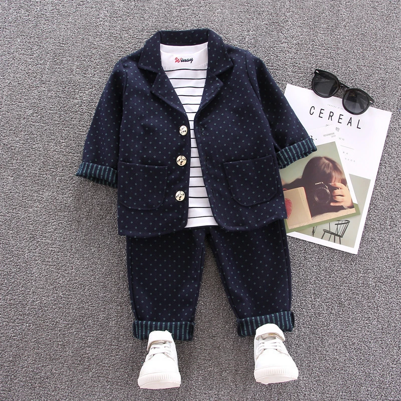 2019 Autumn Boy Baby clothingNew Suit Gentleman Jacket T-shirt Pants 3 Piece Set Dot Boy's Clothes Long Sleeved Wedding Sui | Детская
