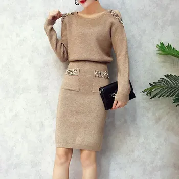 

2020 Sweater Dress Suit & Set Women Long Sleeve Casual khaki Pullover Spring Autumn Knitted Dresses Pearls Pocket Costume