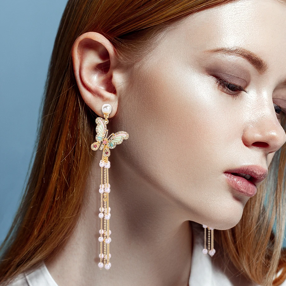 

kissme Earrings Enamel Butterfly Acrylic Pearl Long Chains Tassel Dangle Earrings For Women Ear Clip&Stud Accessories