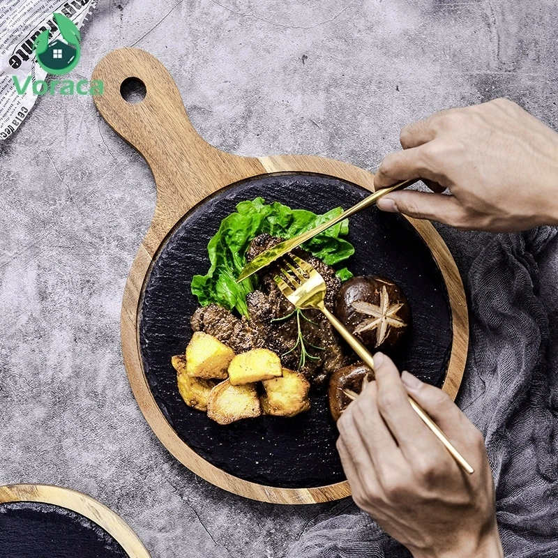 Деревянная круглая тарелка из натурального сланца ковбойская с ручкой тарелки