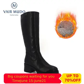 

VAIR MUDO Top Quality Winter Women Mid-Calf Boots Shoes Genuine Leather Winter Warm High Boot Mountain Riding Boots Thick ZT10
