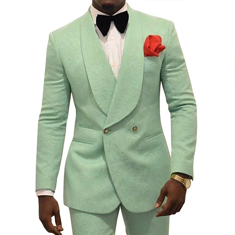 Double Breasted Mint Green Men Suits for Prom Floral Jacquard Slim fit Wedding Tuxedo 2 piece Custom Man Fashion Blazer wth Pant | Мужская