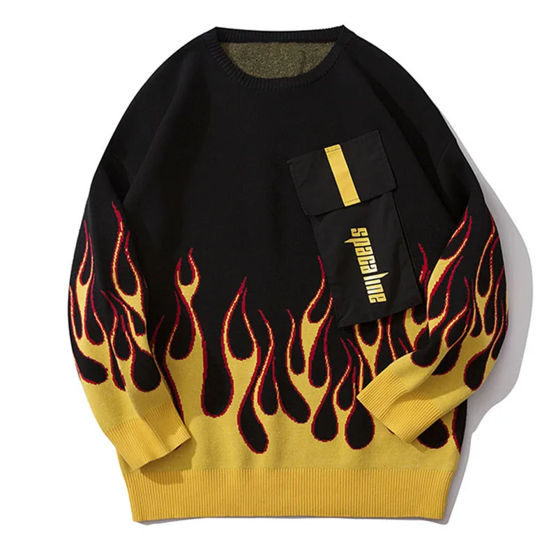 Темный значок пламени свитер мужской осень зима Harajuku трикотажный пуловер хип-хоп свитшоты верхняя одежда - Цвет: yellow sweater