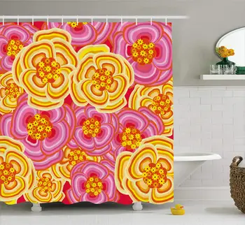 

Funky Vibrant Flowers Shower Curtain, Fabric Bathroom Decor Set with Hooks,72 x 78 Inches