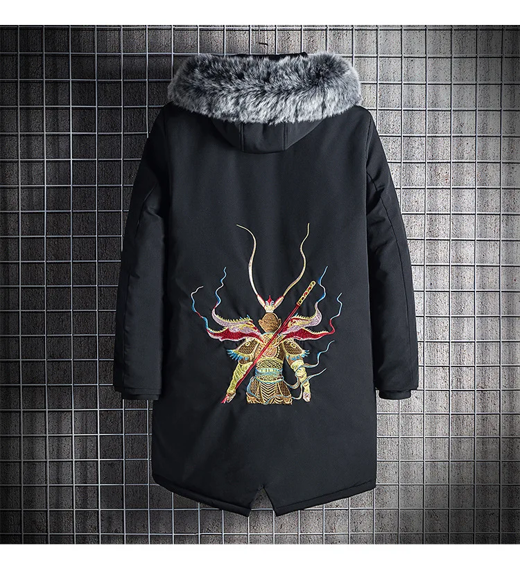Winter Chinese-style MEN'S Wear Hooded Sun Wukong Embroidered Cotton-padded Jacket Coat Mid-length Large Size Cotton-padded Clot