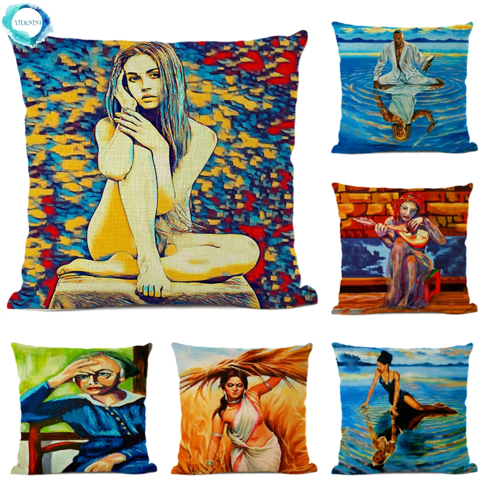 

Retro Oil Painting Portrait Cotton Linen Cushion Cover African Women Art Decorative Hotel Sofa Pillow Case for Car Home Decor