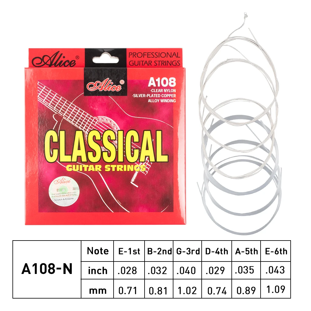 

NEW Alice A108-N Original Classical Guitar Strings Set Clear Nylon Silver-Plated Copper Alloy Wound Normal Tension 6