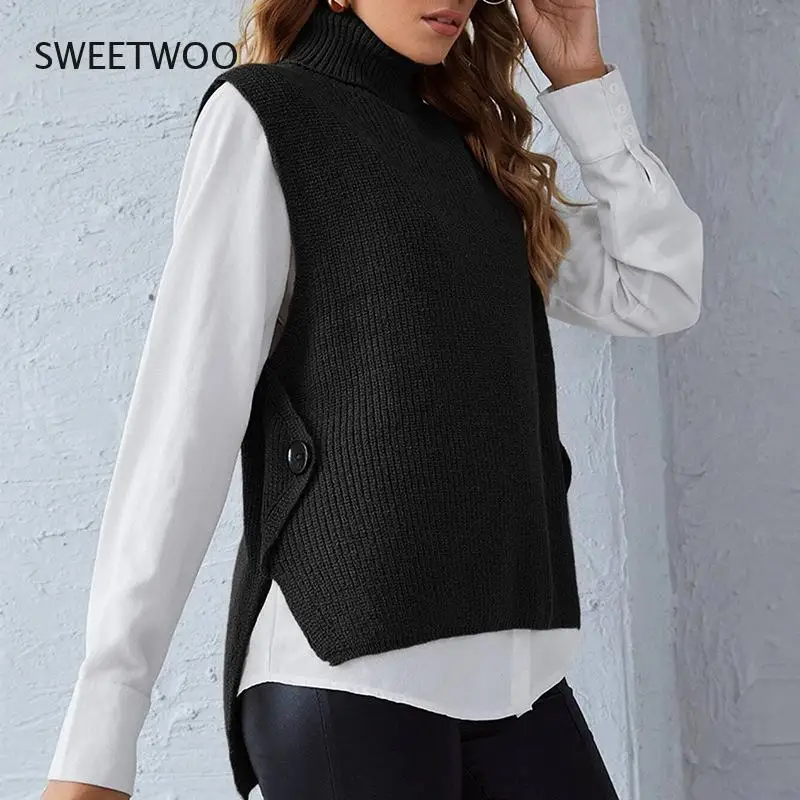 Women's Knitted High Neck Vest Loose Comfortable Pullovers Jumpers Sleeveless Sweater Women's