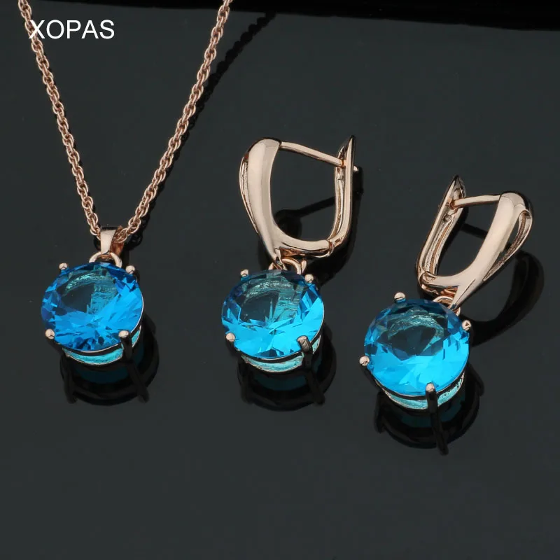

Round Cubic zirconia Pendant Necklace Earrings Set With 585 Rose Gold Color Chain Delicated Wedding Bridal Jewelry Set
