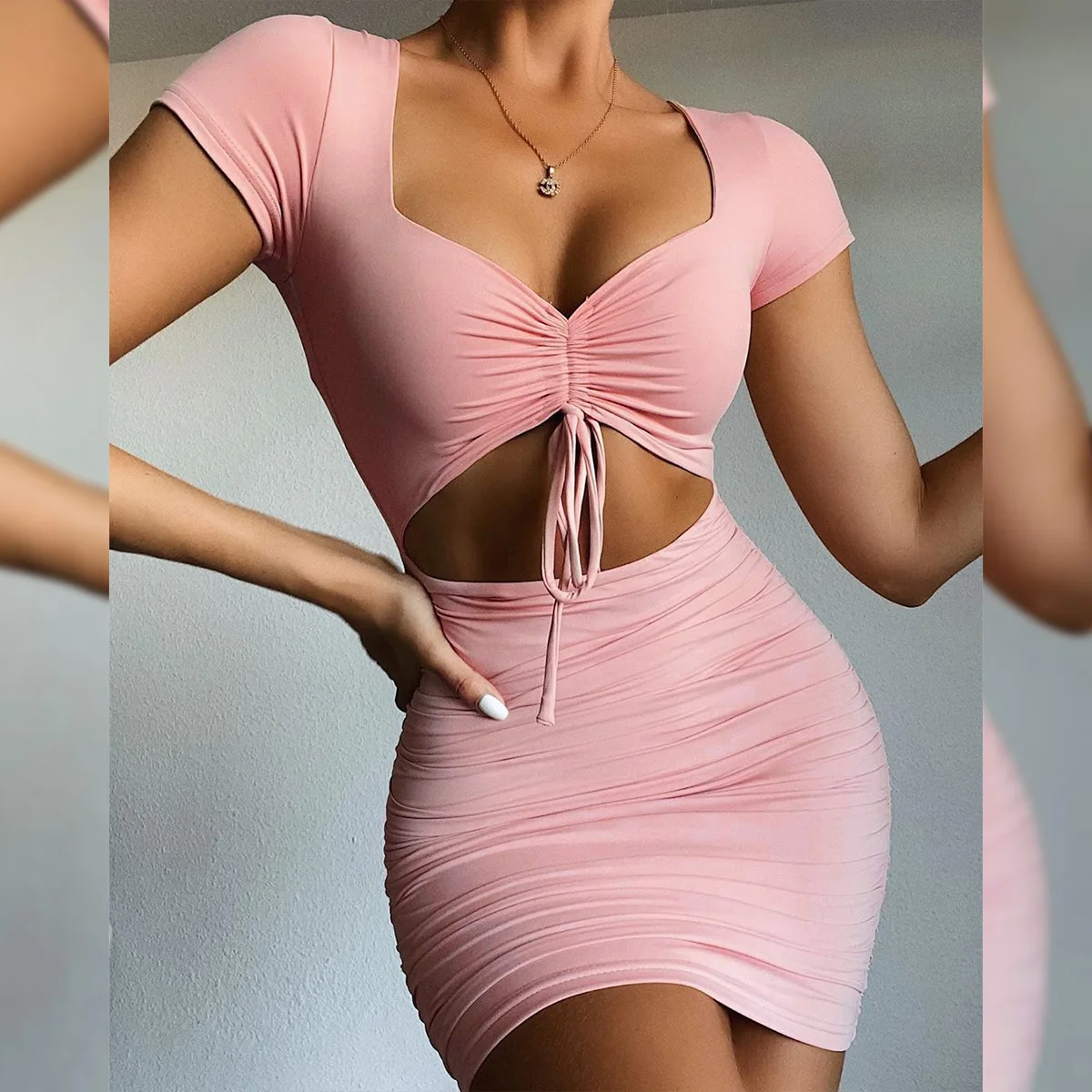 Hollow Out Sexy Front Drawstring Pleated Dress 2021 Women V-Neck Summer Pink Short Sleeve Bodycon Ruched Black Mini Club