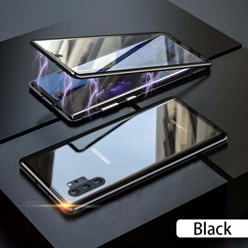 Luphie 360, Полный Магнитный чехол для samsung Note 10 Plus, передний задний стеклянный чехол для samsung Galaxy Note 10+ Магнитный чехол s - Цвет: Black