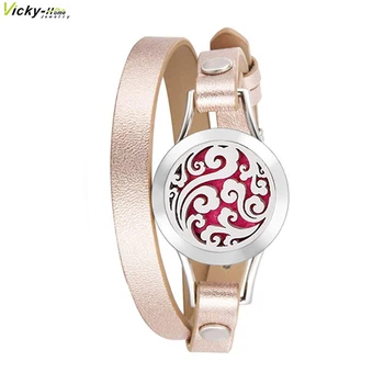 

Hot Magnet 25mm Rose Gold Genuine Leather Aroma Locket Stainless Steel Perfume Bangle Essential Oils Diffuser Locket Bracelet