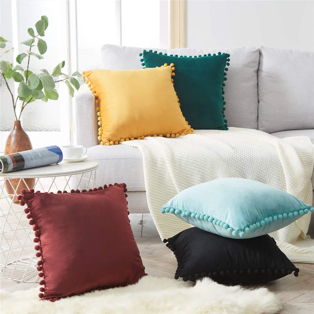 Cilected Soft Velvet Decorative Pillowcase Bed Throw Pillows Pompom Cushions Covers Square Pillow Cover For Sofa Car Home Decor | Дом и сад