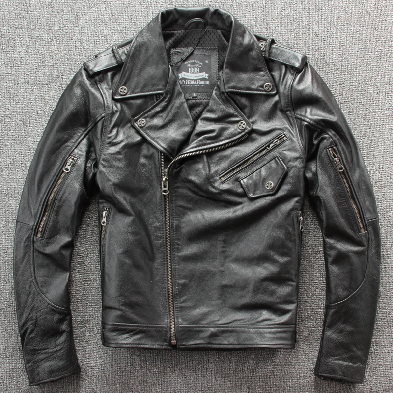 ABOORUN Men's Genuine Cowhide Leather Jacket Black Slim Motorcycle Biker Real Leather Jacket for Male R3291