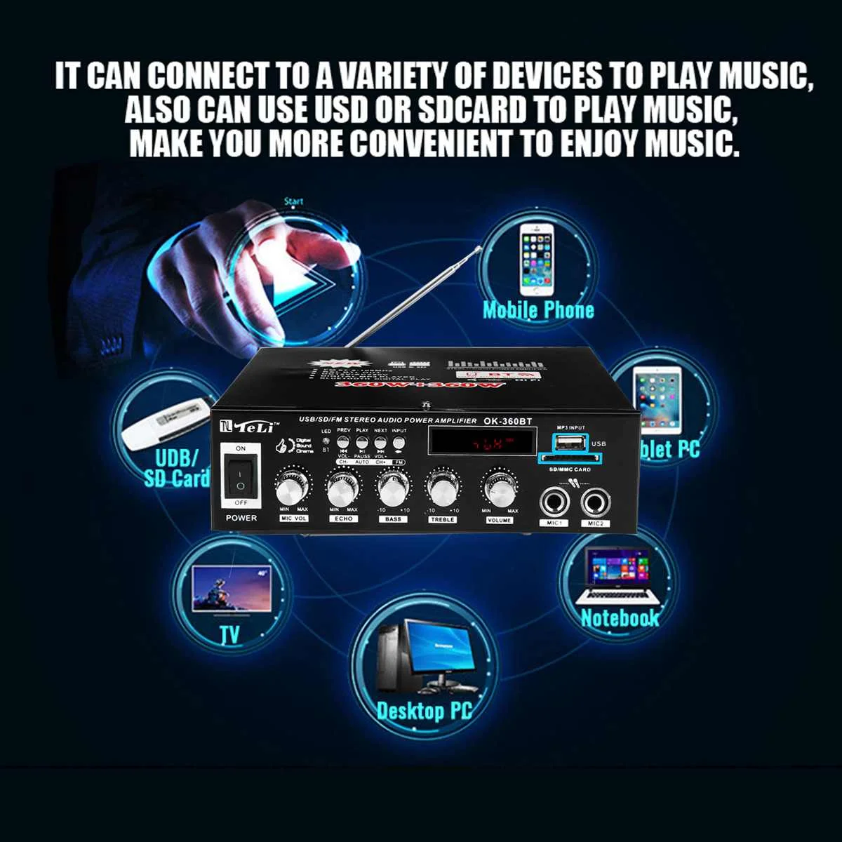 110 В/220 В DC 12 В аудио усилитель мощности bluetooth Автомобильный домашний кинотеатр усилители 2,0 hifi динамик EU штекер SD USB AUX вход с RC