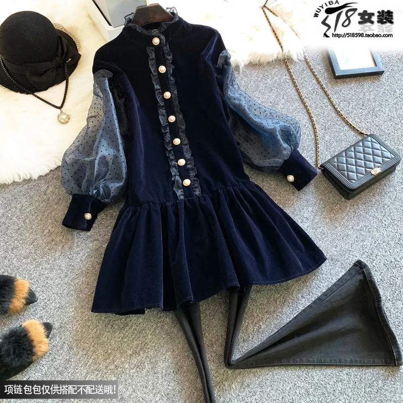 

2020 early spring summer new arrival blue bubble sleeve one piece A-line dress for woman lady