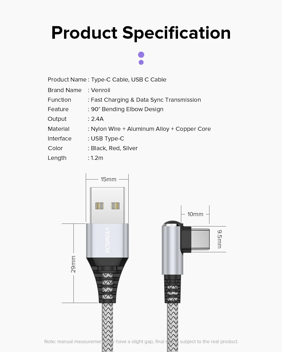 Venroii 3A usb type C кабель для samsung S8 Xiaomi mi x Max 3 8 USBC type-C кабель для передачи данных для huawei P20 Lite mate 20 Oneplus 6 6T