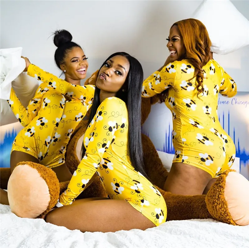 En venta Body Sexy de manga larga para mujer, traje de animales con cuello en V profundo, traje elástico con botones, corto, pijama, ropa de dormir, 2020 oRK6LLgBM