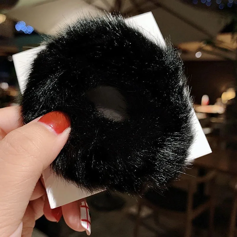 Black Fashion Fur Ponytail Holder Headband Sweet Plush Hairbands Girl Colorful Women Soft Elastic Scrunchies Rubber Hair Accessories - Цвет: Black
