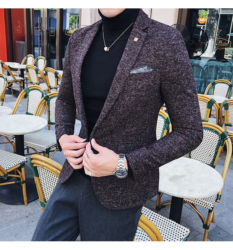 Мужской твидовый Блейзер Осень зима блейзер masculino slim fit повседневные мужские спортивные пиджаки hombre invierno ho Мужской Блейзер черный синий коричневый
