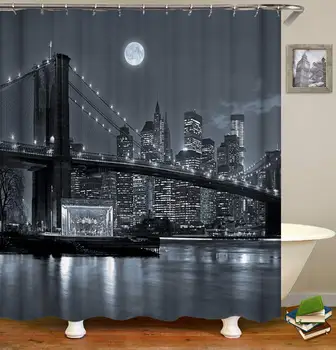 

Home Decor Shower Curtain 12pcs Hooks Inside Black and White Photograph Modern City Night Scene with The Moon Waterproof