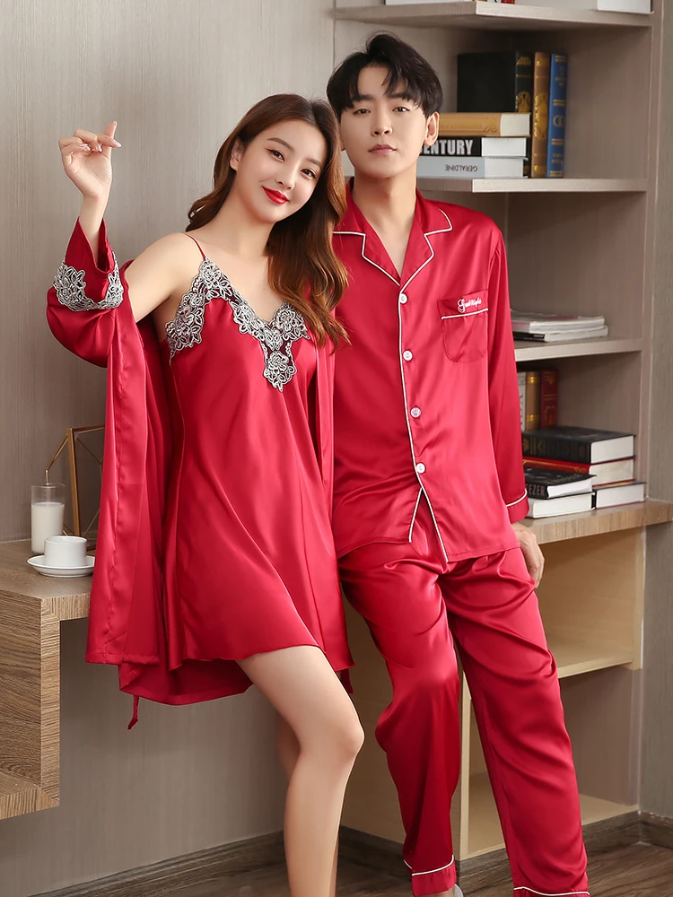 Couple Pajamas Set Night Suit Mens Silk Satin Loungewear Long Sleeve Sleepwear Housecoat  Nightwear Lounge Sleep Shirt Nighties