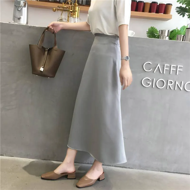 Корейские летние женские длинные юбки с высокой талией атласная юбка женская уличная одежда большого размера миди трапециевидная юбка jupe femme - Цвет: gray