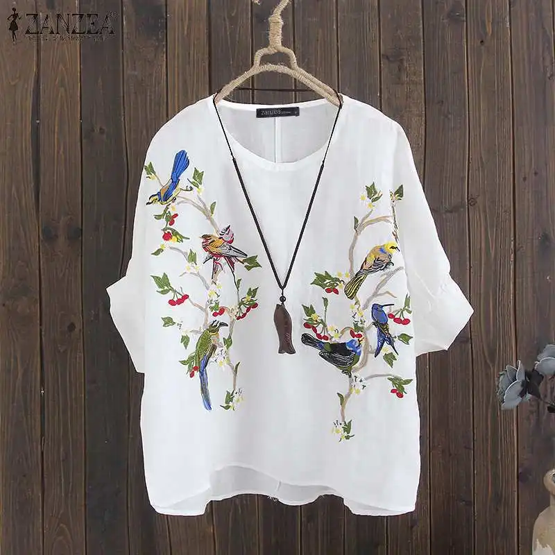  Blusas Top 2019 ZANZEA Women Tunic Tops Autumn Vintage 3/4 Sleeve Party Blouse Casual Embroidered C