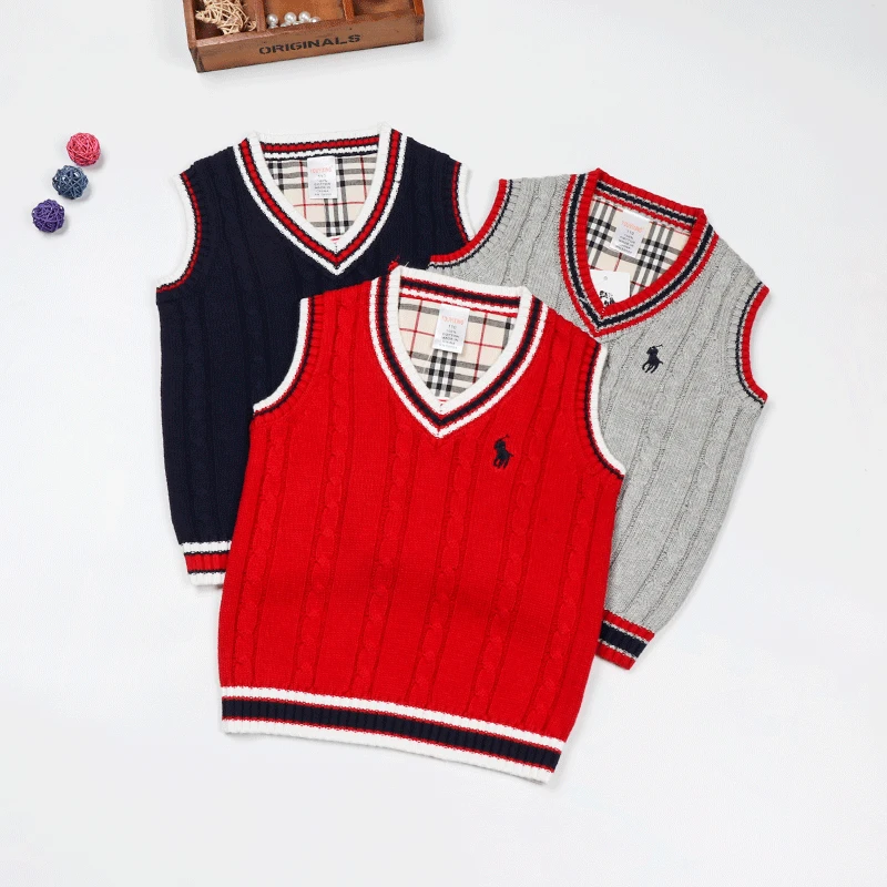 

2019 Spring And Autumn New Style Infants Knitted Pullover V-neck Waistcoat College Style Embroidered Cotton Sweater Vest Fashion