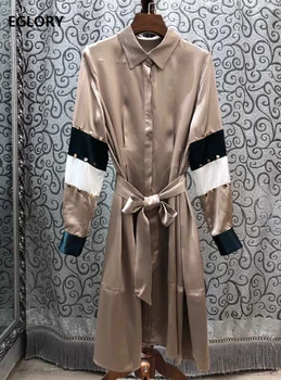 

Top Quality Silk Dress 2020 Spring Summer Long Shirt Dress Women Turn-down Collar Golden Studs Beading Long Sleeve Green Dress