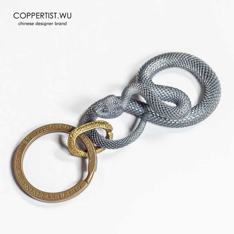 Coppertist. Wu змей S925 Серебристый Брелок для ключей латунный брелок для ключей ручной работы Золотое модное Животное змея кольцо для ключей с сумочкой кулон панк-рок - Цвет: Type 2