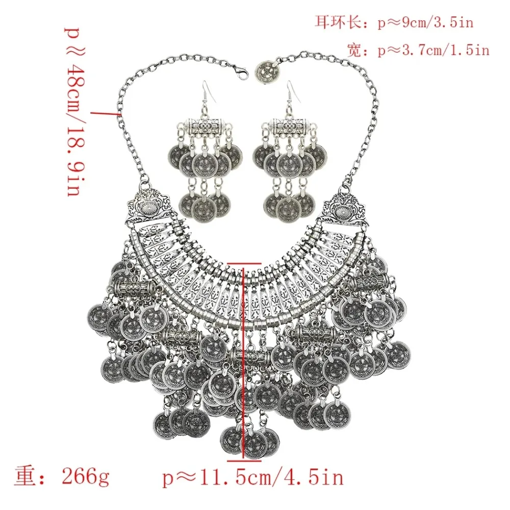 Турецкая винтажная Серебряная большая монета массивные серьги jhumka& ожерелье комплекты украшений для женщин Бохо индийский Афган бисерное ожерелье