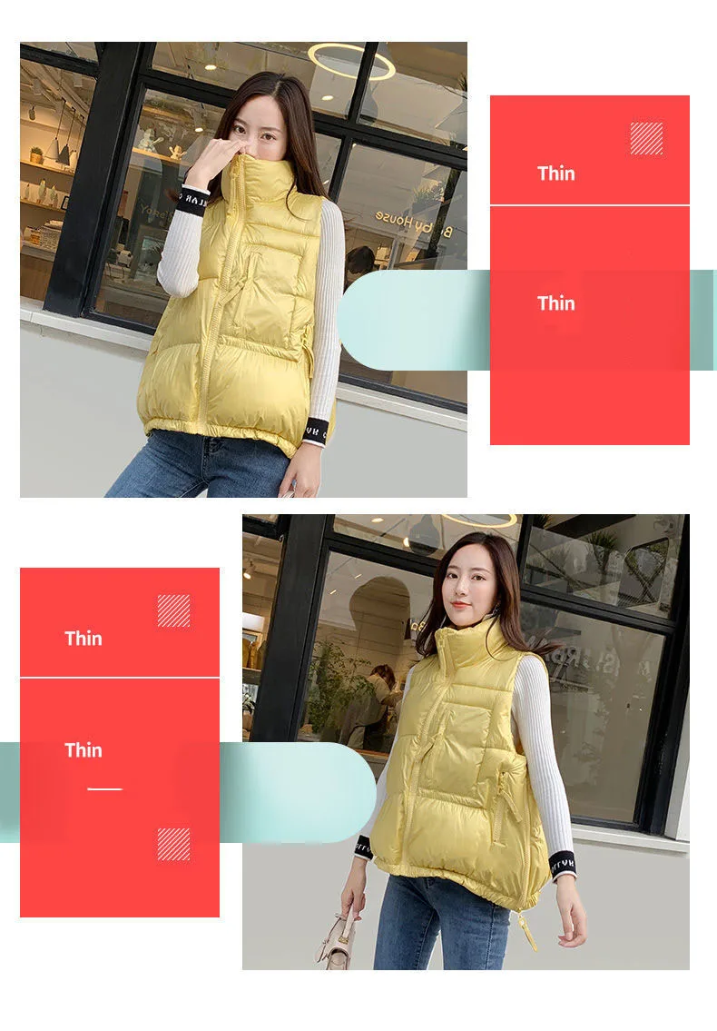 Winter Woman Down Cotton Short Vest Coat Yellow Stand Colloar Sleeveless Jacket Large size Waistcoat Korean Style Gilet Femme petite long puffer coat