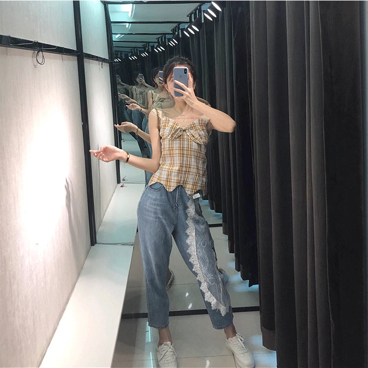 

Fall 2019 Jeans Women's Thin Light Color Loose Fashion Joker Lace Stitching Harlan Leggings Pockets Light Jeans Pants Woman