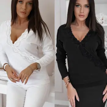 

New Women Summer Loose Casual Tee Shirt Long Sleeve Lace T Shirt Tops Blouse Solid Color Fashion Leisure Ladies Autumn Tops Tee